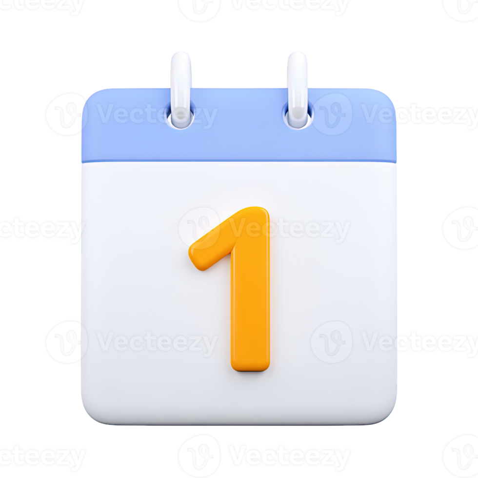 3D white and blue calendar icon displaying the number '1' in orange. Represents the first day, a specific date, a new beginning, or a top priority event page. png