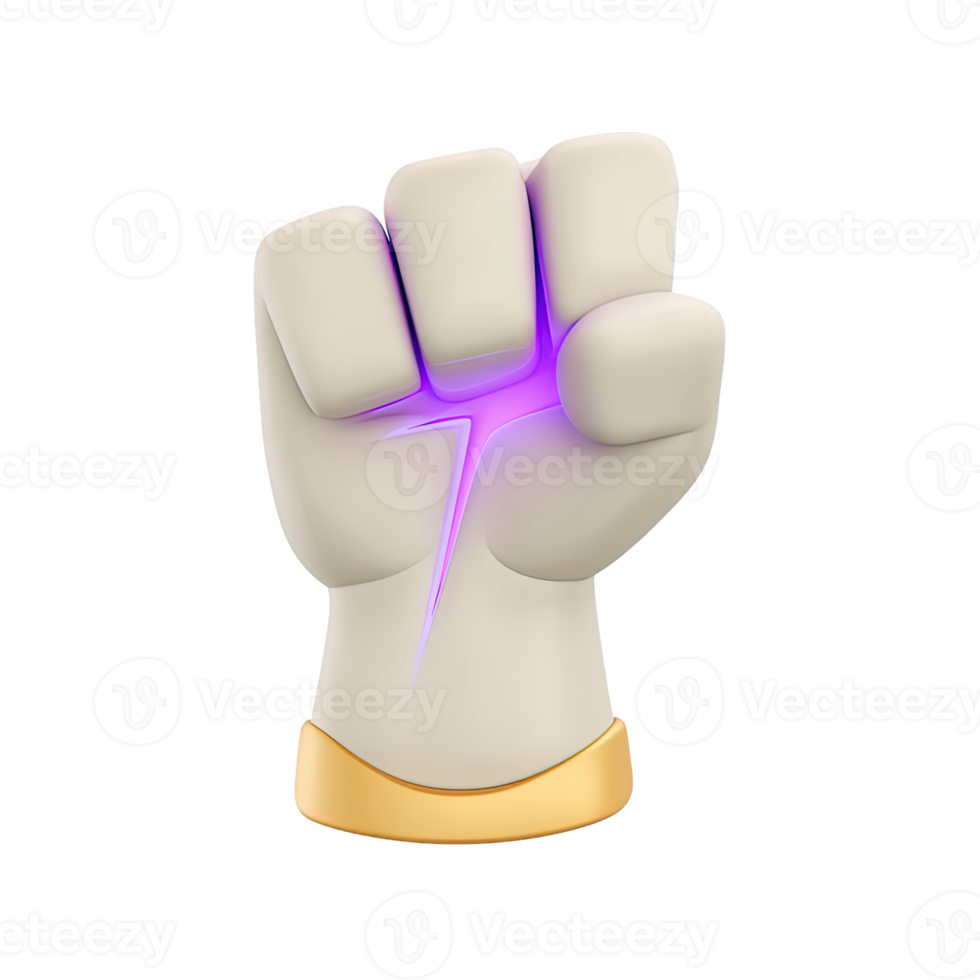 3D clenched fist in a gauntlet with purple lightning effect. Symbolizes immense power, magical strength, energy surge, determination, or a powerful strike. png