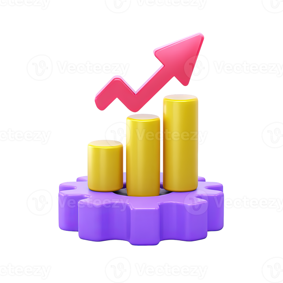 3D rendered icon yellow bar chart with red rising arrow on a purple cogwheel base. Symbolizes business performance, statistical growth, process optimization. png