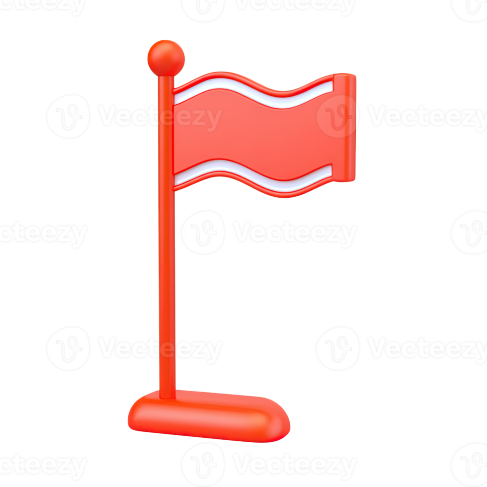 3D red wavy flag on a matching red pole and base. Symbolizes alerts, important markers, team identity, or significant locations and achievements in visuals. png