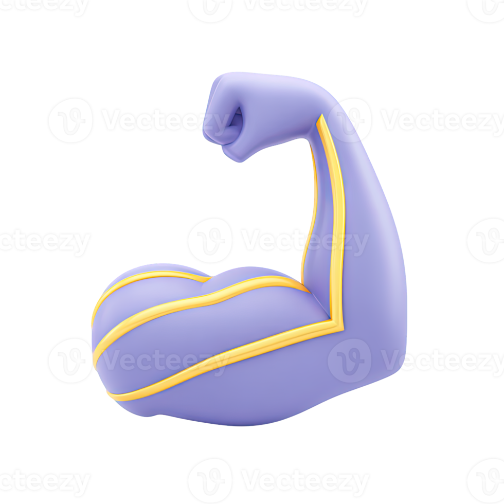 3D light purple bicep arm flexing, detailed with yellow stripes. Signifies muscular strength, fitness goals, powerful effort, or achieving peak performance. png