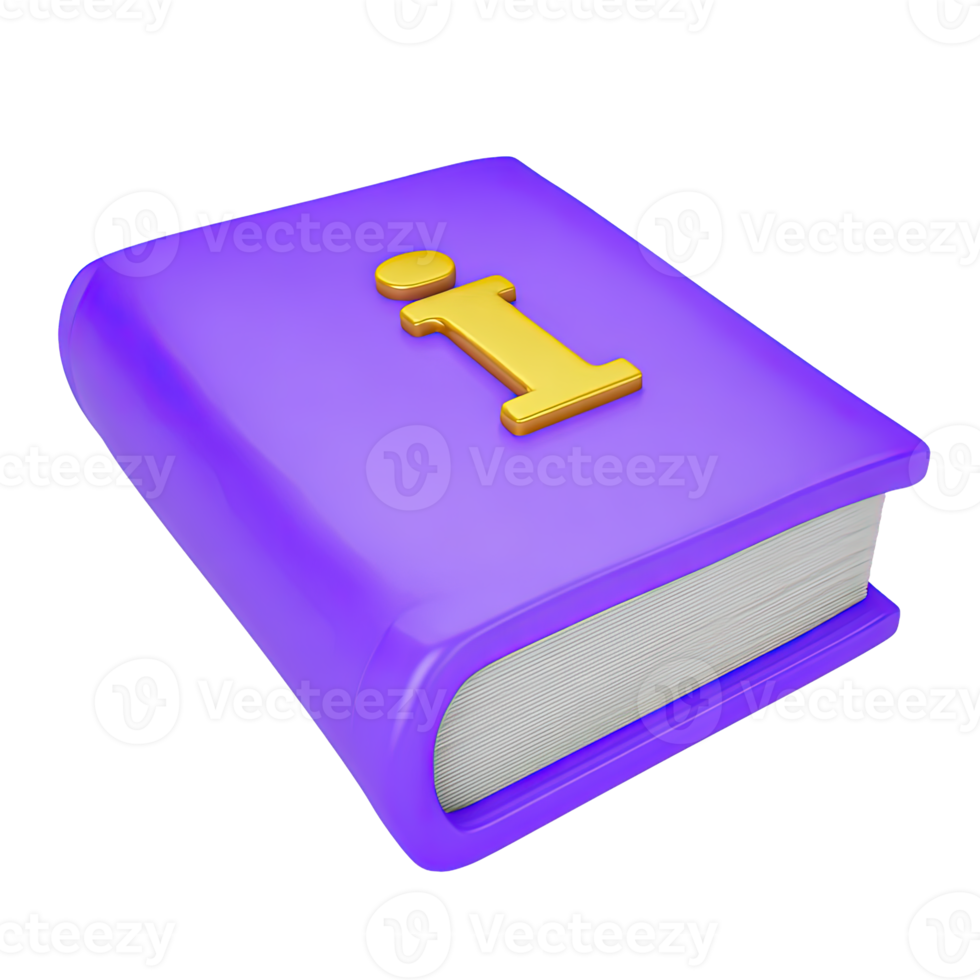 Angled 3D purple book with a yellow 'i' information symbol on its cover. Represents accessible knowledge, learning materials, user guides, or detailed info. png