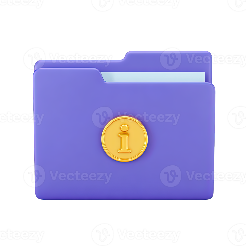Purple 3D folder icon with a yellow information 'i' symbol. Represents data storage, document information, project files, or organized digital archives clearly. png