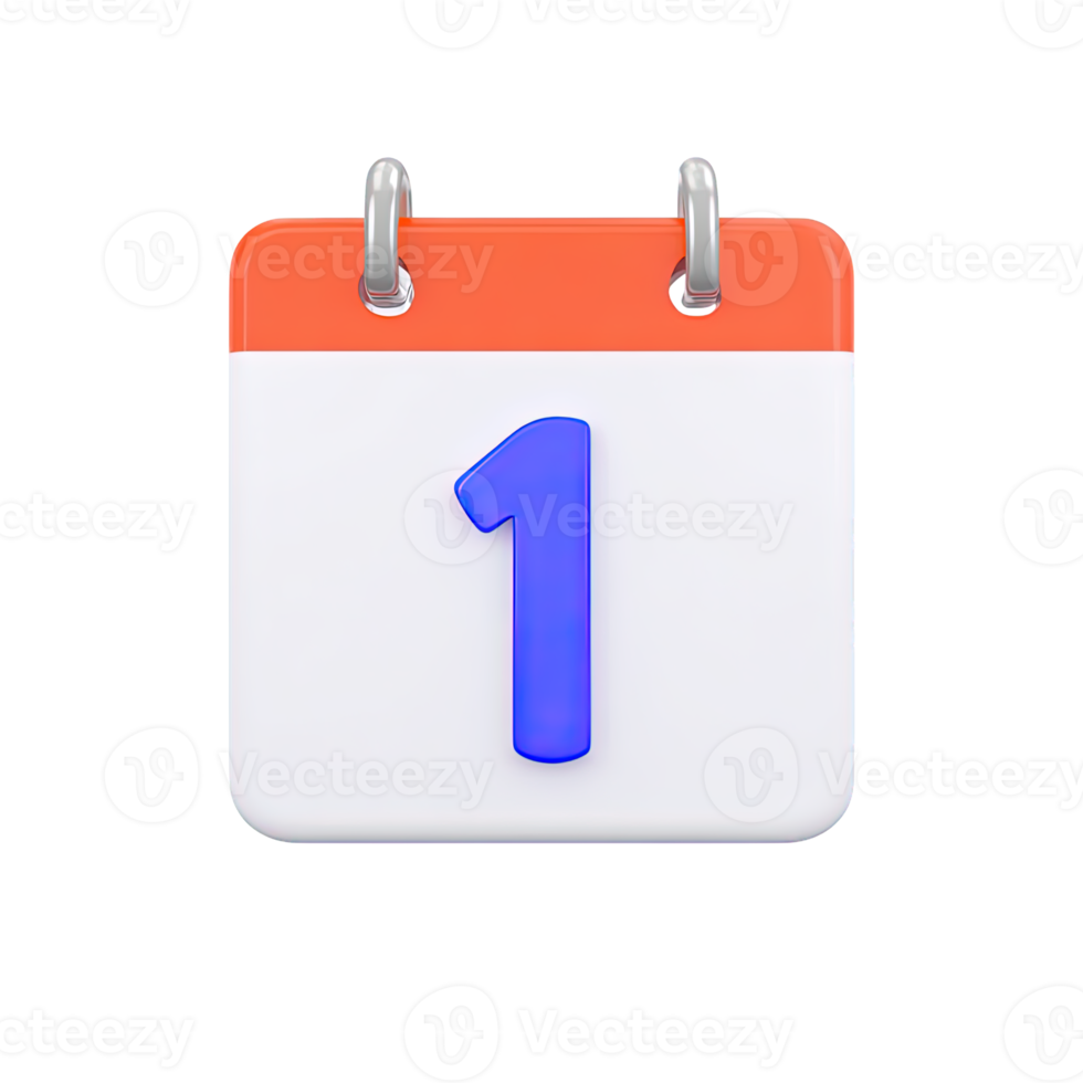 3D red and white calendar icon showing the number '1' in blue. Represents the first day of a month, a specific important date, or a top priority scheduled event. png
