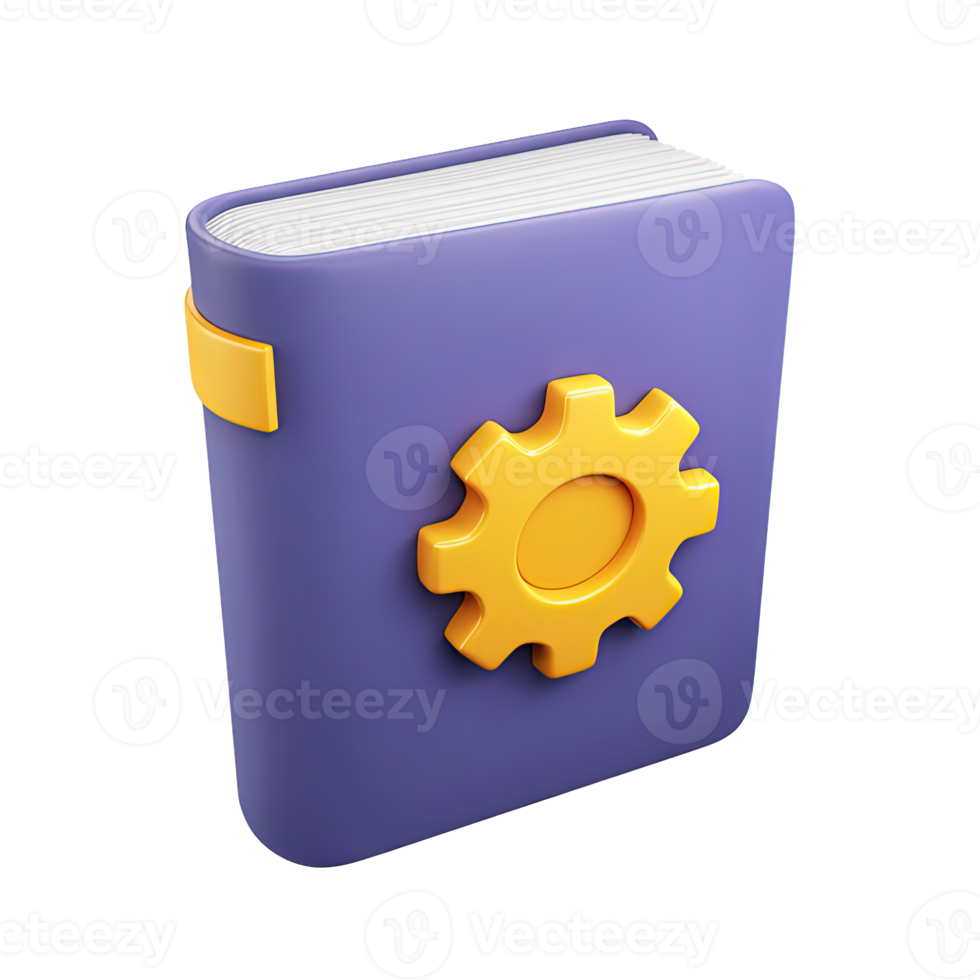 3D dark purple book icon featuring a prominent yellow gear on its cover. Represents operational knowledge, technical manuals, or system configuration guides. png