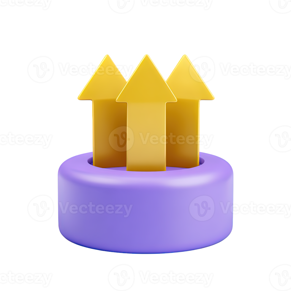 3D icon of a purple base with three golden arrows pointing upwards. Symbolizes growth, progress, multiple positive trends, advancement, or upload functions. png