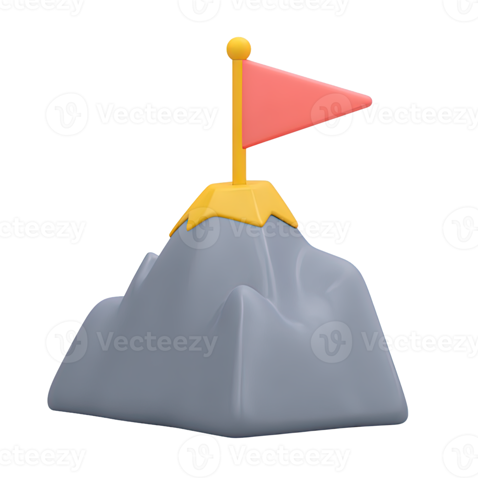 3D dark grey, rocky mountain peak with a vibrant orange flag planted on top. Represents overcoming difficult challenges, ultimate triumph, or bold achievements. png
