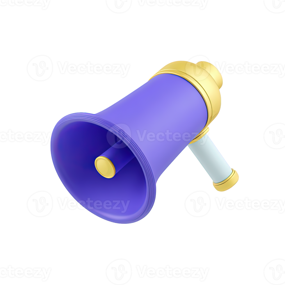 3D purple megaphone with a blue handle and vibrating sound lines. Symbolizes loud announcements, active broadcasting, urgent alerts, or attention-grabbing news. png