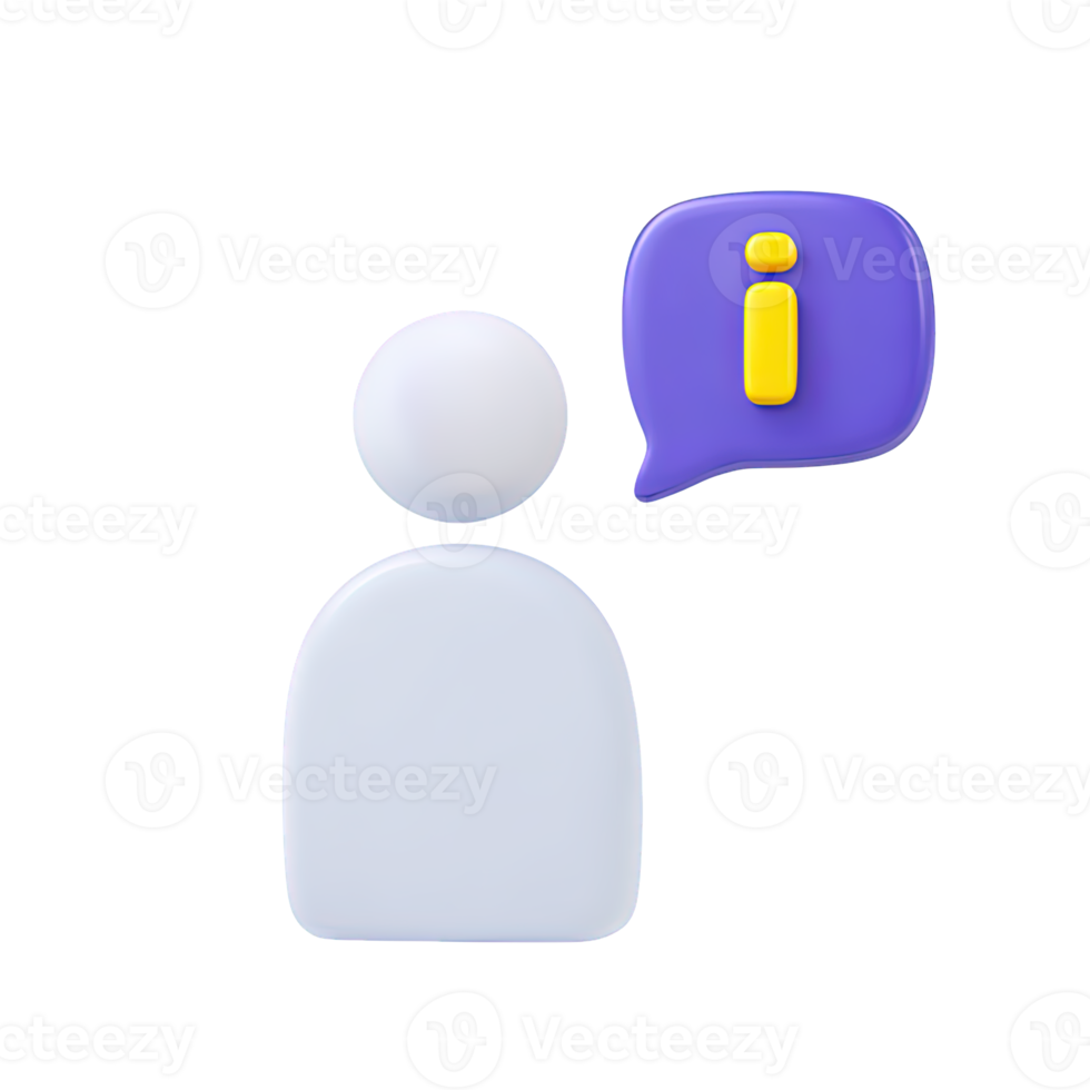 3D abstract person icon with speech bubble showing an 'i' information symbol. Represents user support, help desk, providing information, or customer service. png