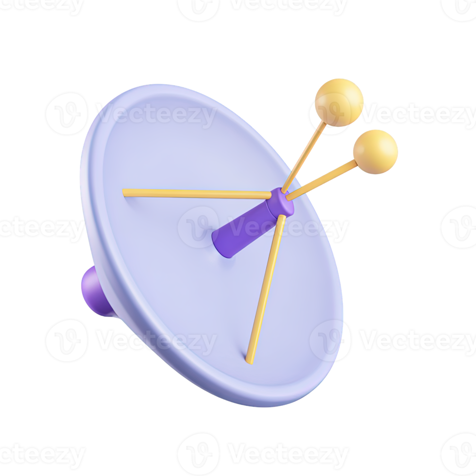 3D purple satellite dish with yellow accents, viewed from another angle. Represents telecommunications, signal reception, network connections, or data broadcasting. png