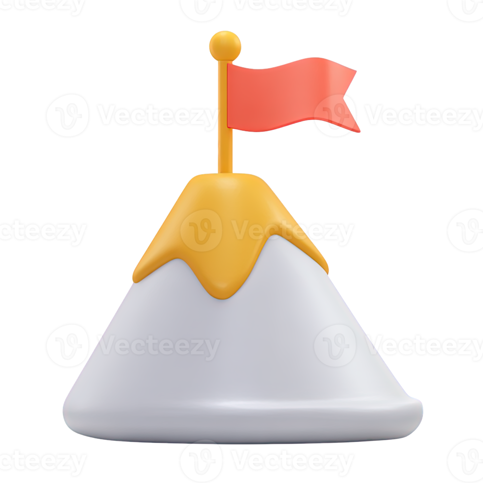 3D stylized mountain with a snowy cap and an orange flag on its peak. Symbolizes conquering ambitions, reaching high goals, adventure, or successful endeavors. png