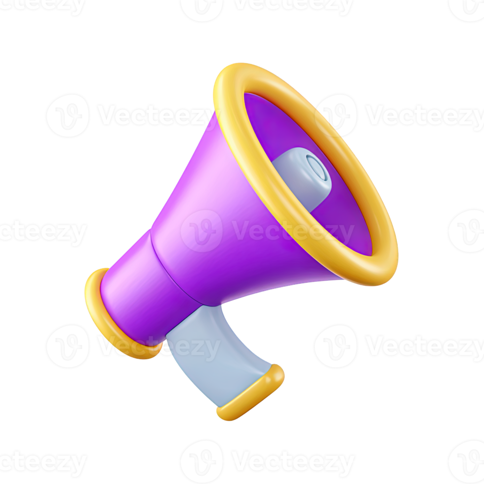 Slightly angled 3D dark purple megaphone with yellow accents. Signifies impactful communication, strong marketing messages, or important public announcements. png