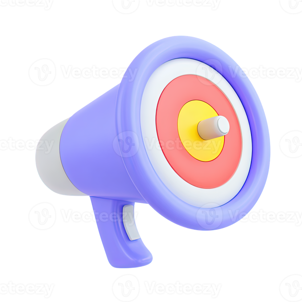 3D light purple megaphone icon featuring a target symbol on its bell. Represents targeted announcements, focused marketing, specific audience communication. png