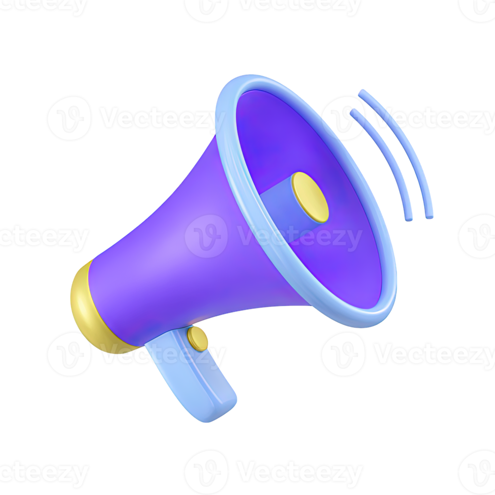Angled 3D purple megaphone with a light blue handle. Represents clear communication, public announcements, marketing broadcasts, or sharing important information. png