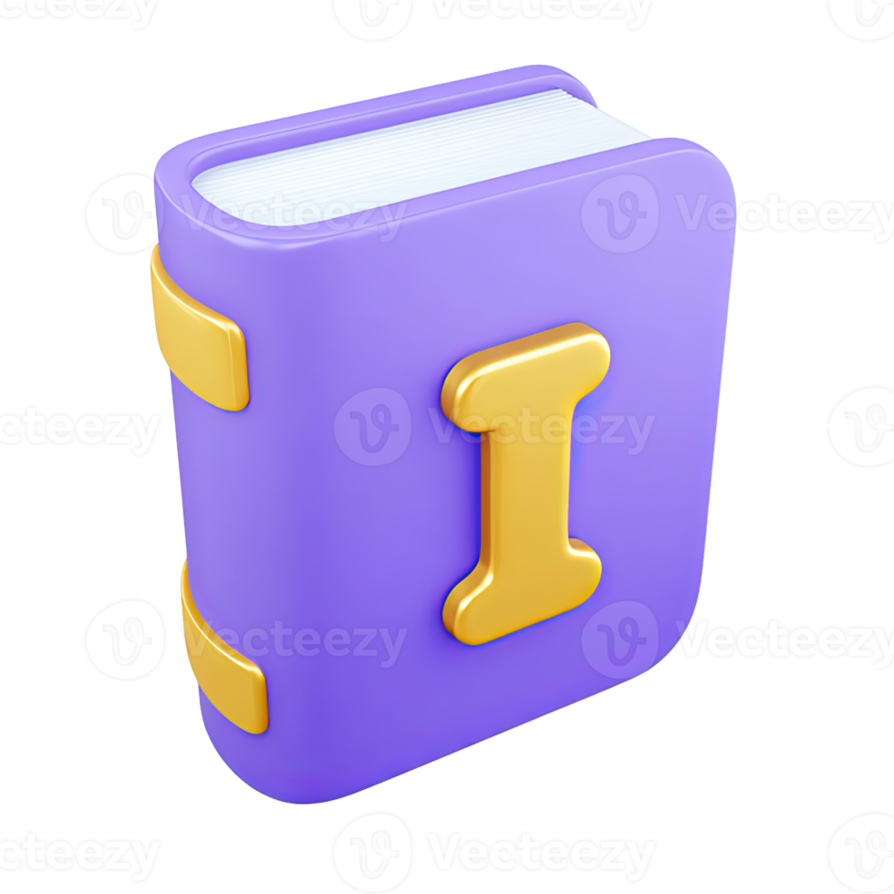 3D purple book icon with a yellow 'i' information symbol on the cover. Symbolizes an informational guide, help manual, knowledge base, or learning resource. png