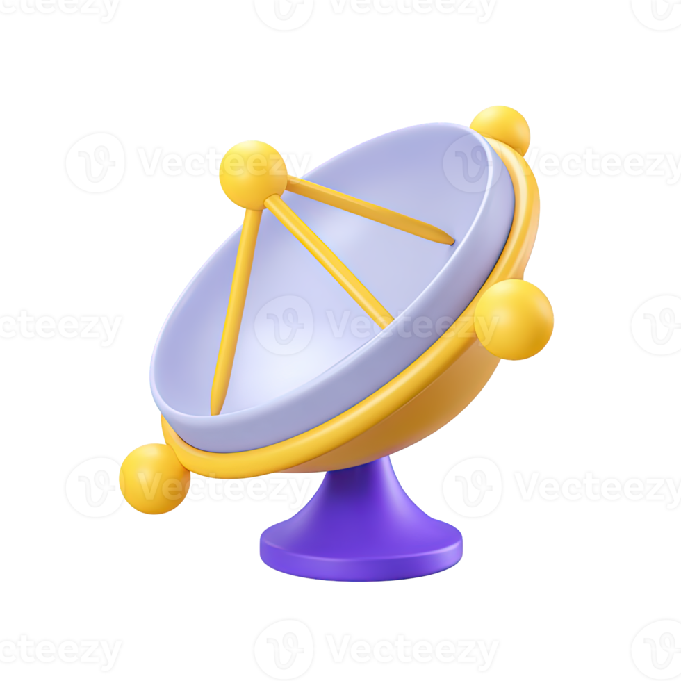 Angled 3D yellow and purple satellite dish icon. Symbolizes global communication, data transmission, broadcasting signals, or space technology and connectivity. png
