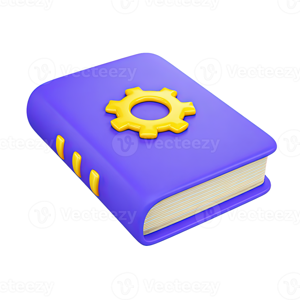 3D blue book icon with a yellow gear on its cover. Symbolizes a manual, technical guide, settings instructions, learning process, or knowledge for operations. png