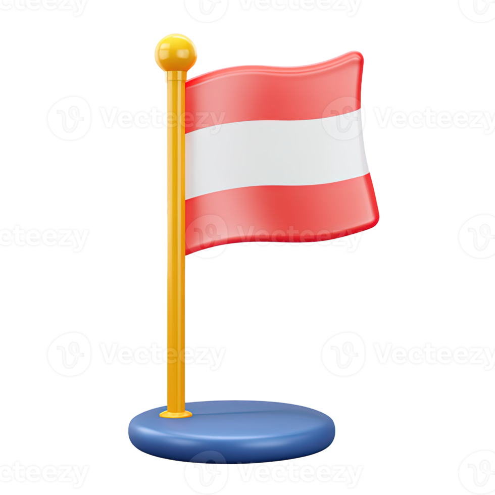 3D Austrian flag with red and white horizontal stripes on a gold pole and blue base. Represents Austria, national identity, European culture, or official events. png