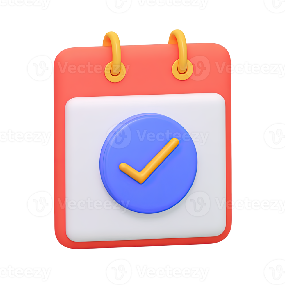 3D red and white calendar icon featuring a large blue checkmark. Represents event confirmation, task completion on schedule, or an approved date and time clearly. png