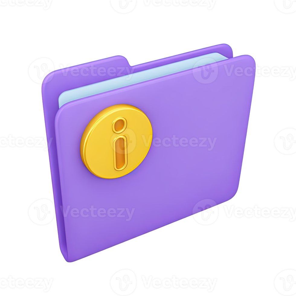 Angled purple 3D folder icon featuring a yellow 'i' information symbol. Signifies access to file details, project information, or organized data storage. png