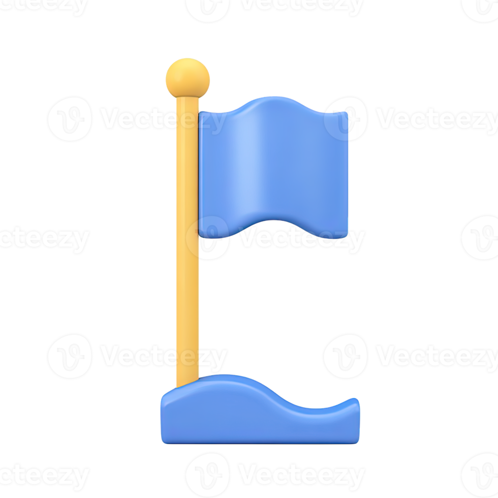 3D blue wavy flag on a blue pole with a complementary wavy blue base. Represents team spirit, brand identity, maritime signals, or calm achievements. png