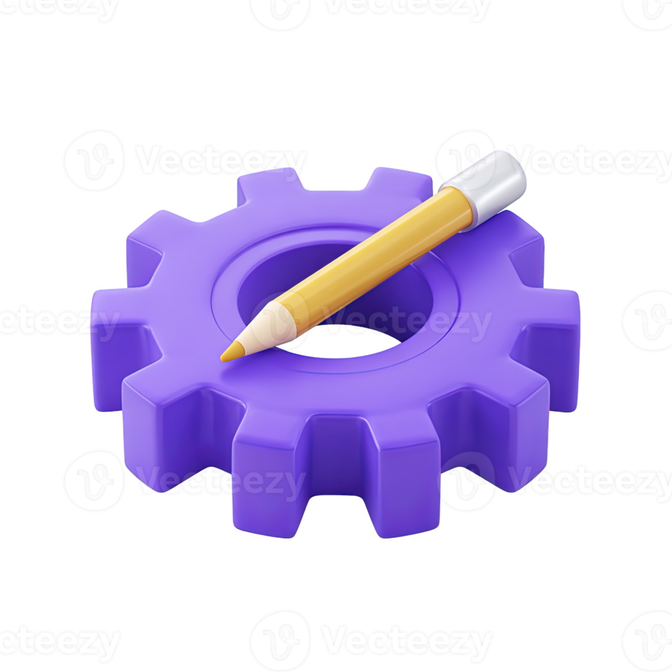 Angled 3D purple gear icon with a yellow pencil across it. Illustrates configuration editing, system customization, preference settings, or process design. png