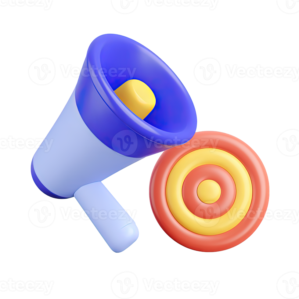 3D blue and white megaphone icon alongside a small target symbol. Symbolizes strategic communication, focused advertising, and reaching specific marketing goals. png