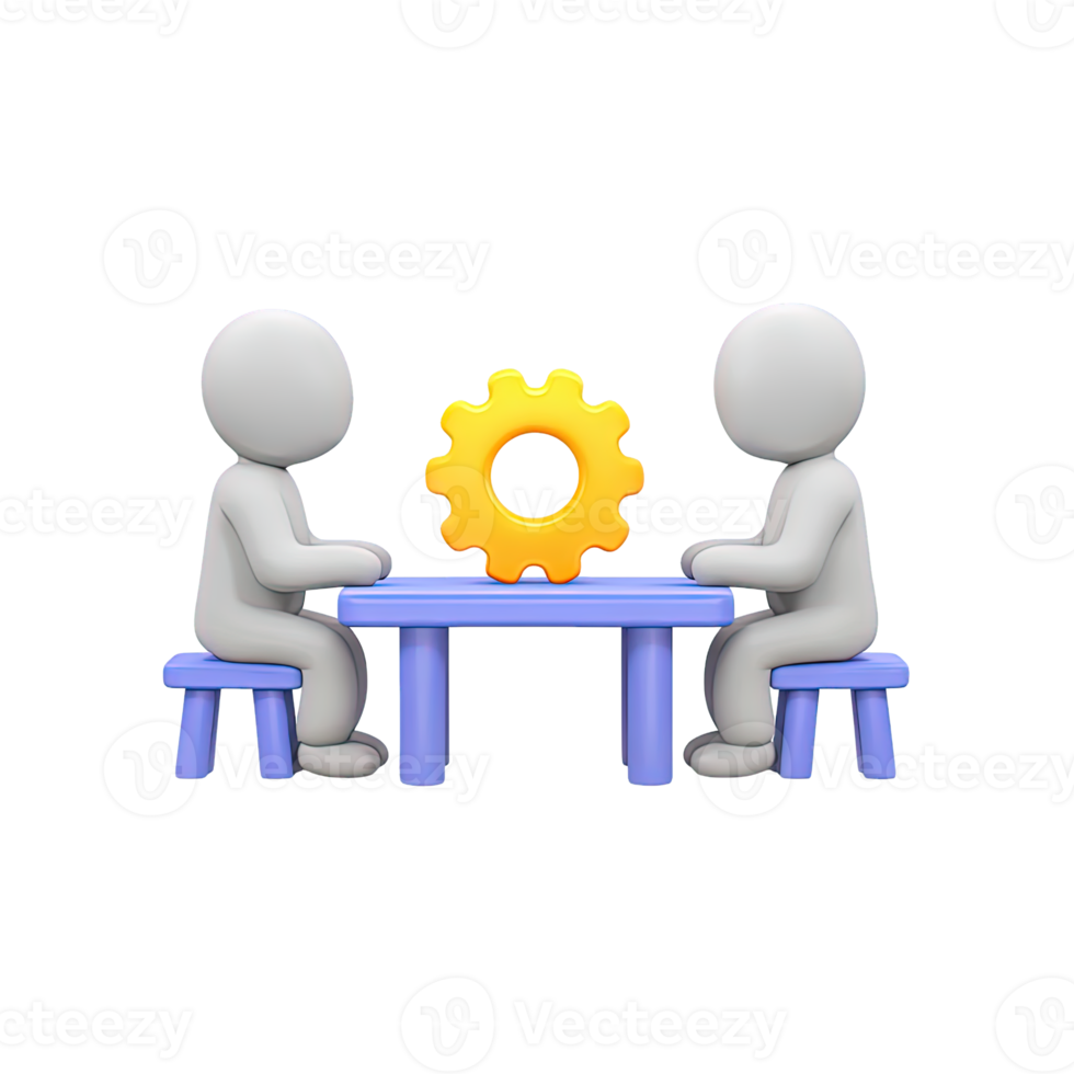Two figures at table with gear between them 3D rendered icon for technical collaboration problem solving meeting or joint engineering project png