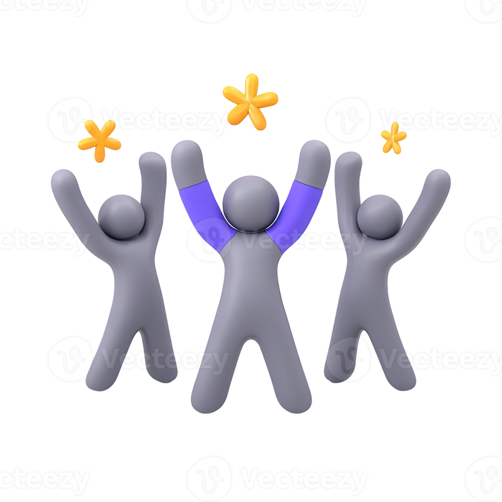 Three figures cheering in celebration 3D rendered icon for success achievement teamwork victory or expressing excitement and positive results png