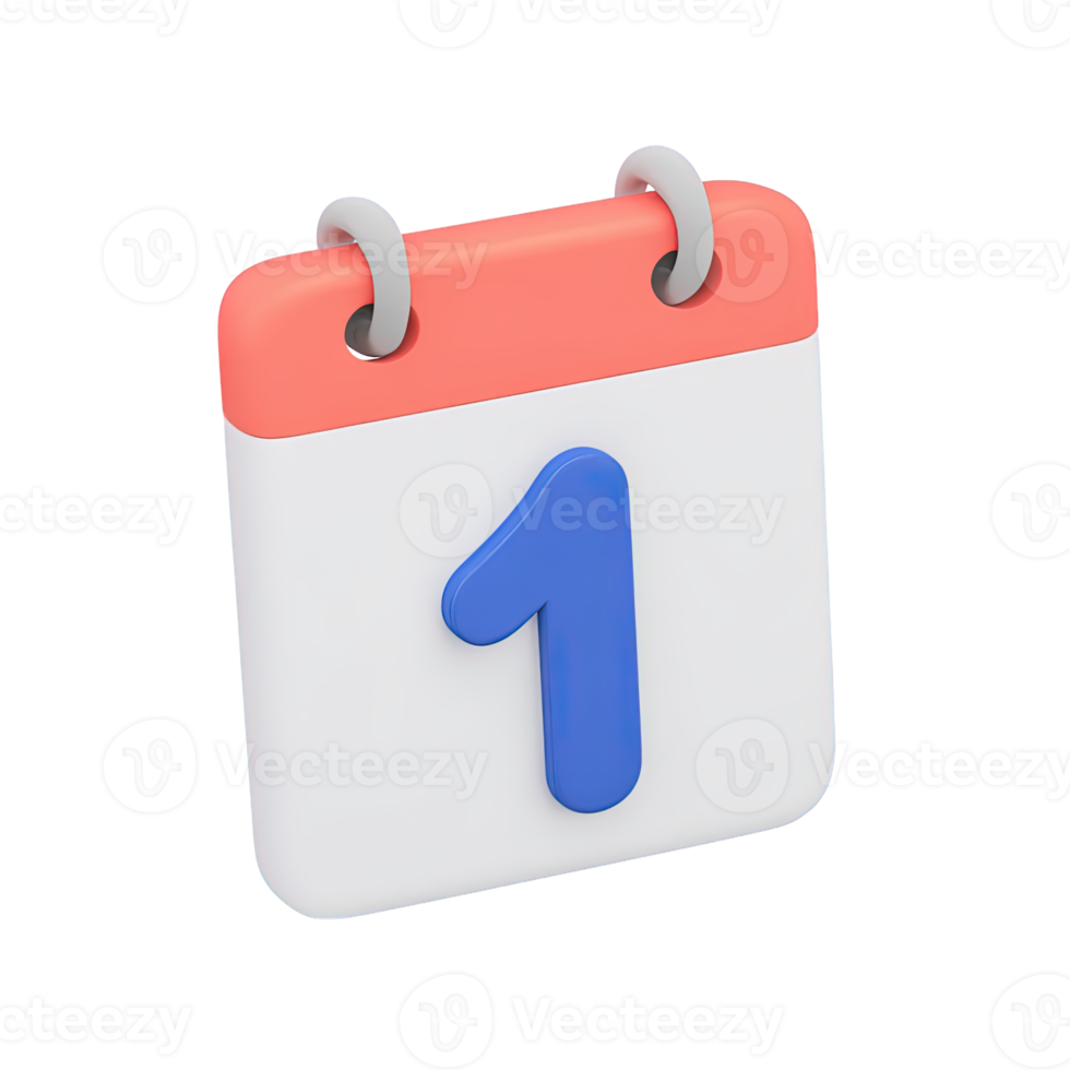 Calendar icon showing the first day number 1 a 3D rendered graphic for scheduling appointments event reminders or marking a new beginning important date png