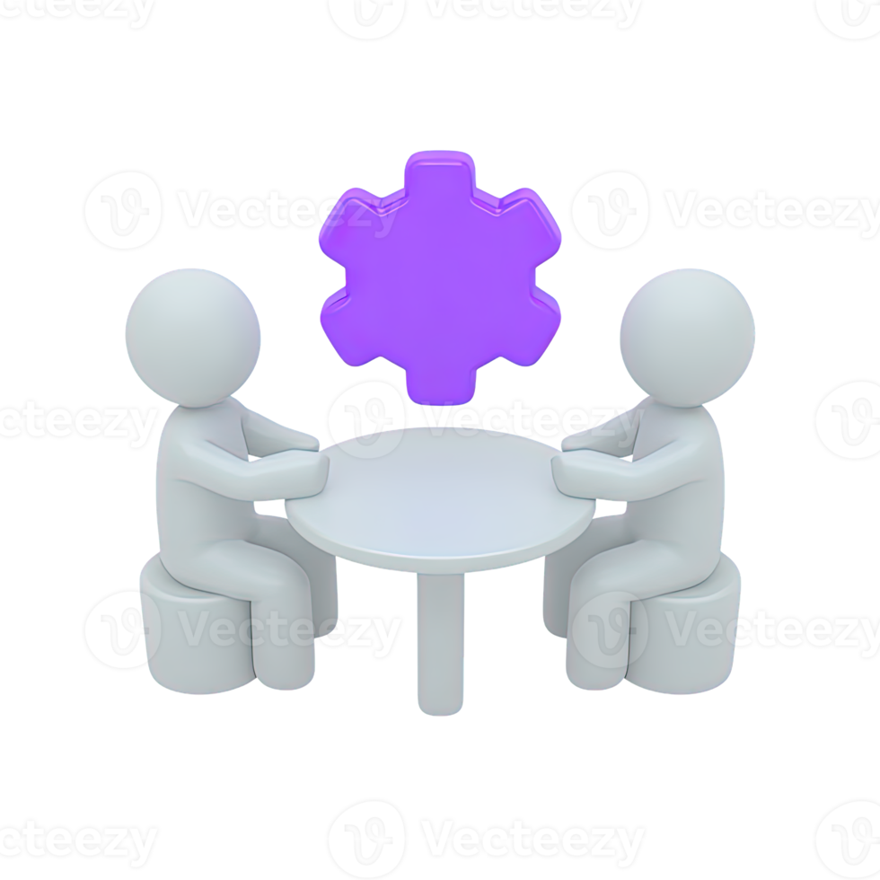 Two figures at table with gear above 3D rendered icon for technical discussion strategic planning engineering meeting or process optimization png