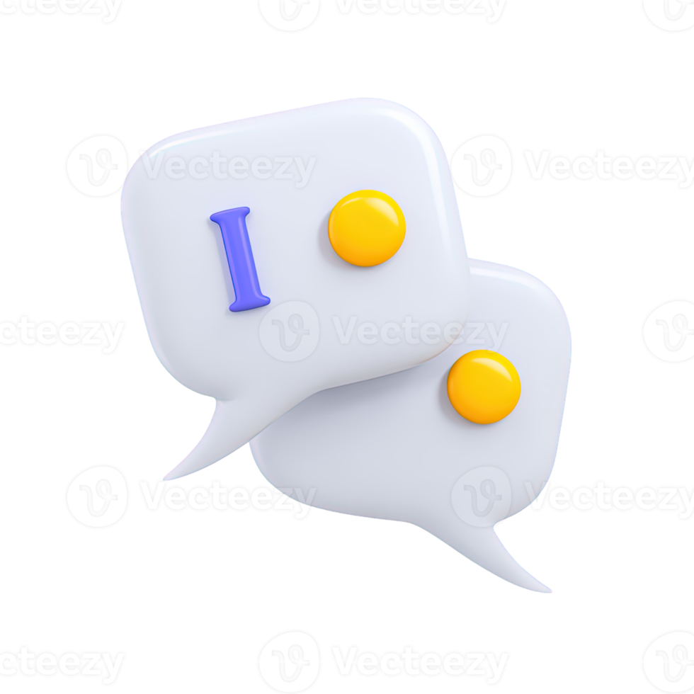 Overlapping speech bubbles with information i symbol 3D rendered icon for chat support message details online help or conversational assistance png