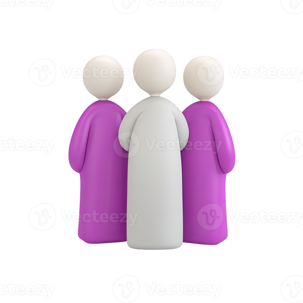 Three figures with central distinct person 3D rendered icon representing team leadership diversity unique role within a group or community focus png