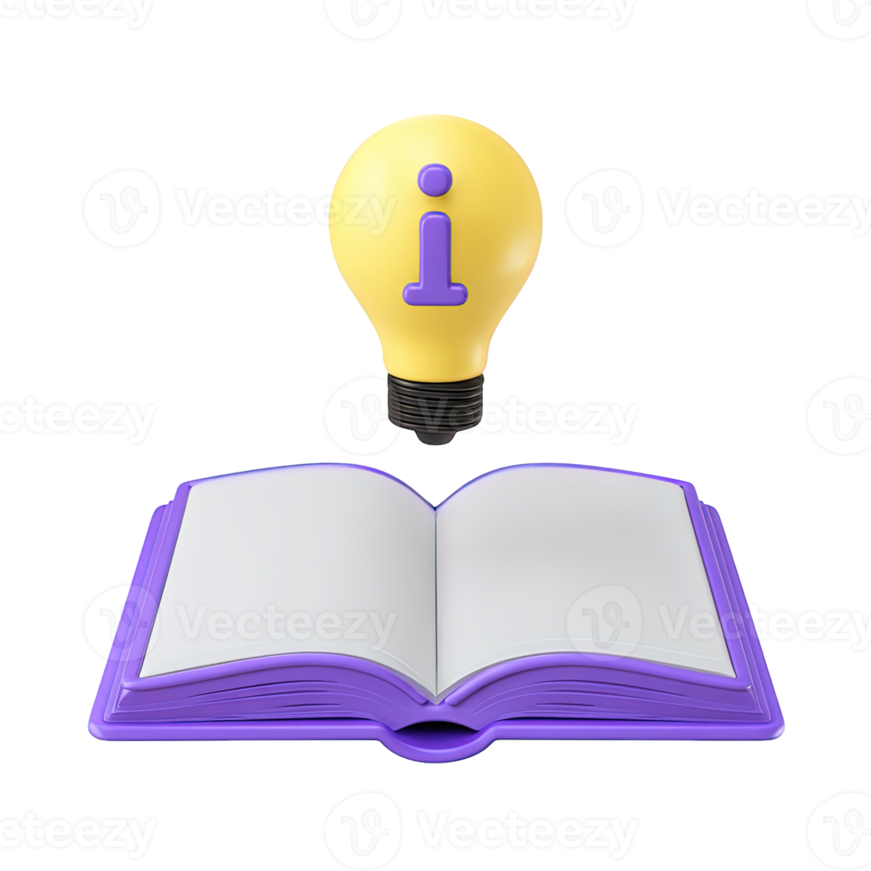 Open book with glowing lightbulb idea symbol a 3D rendered icon for knowledge learning education discovery insight or innovative thinking concept png