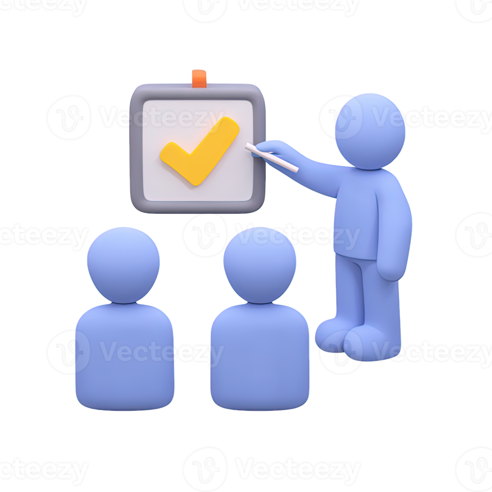 Figure presenting checked board to audience 3D rendered icon for successful task completion training results achievement report or positive feedback png