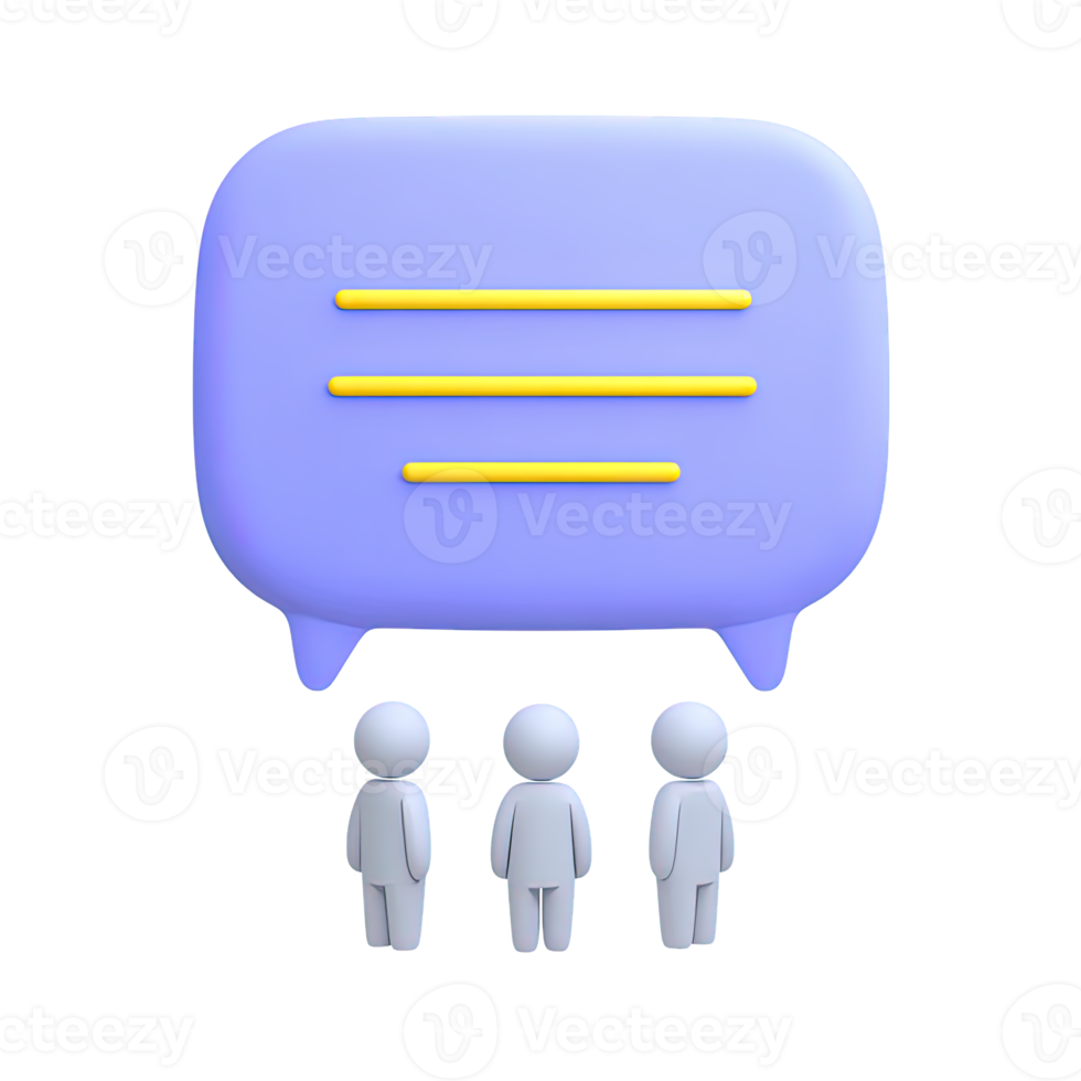 Three figures under speech bubble a 3D rendered icon representing group chat team communication online discussion forum or collective feedback png