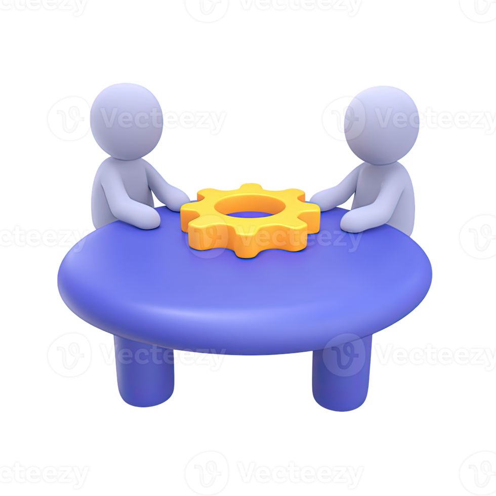 Two figures at round table touching central gear 3D rendered icon for collaborative engineering joint problem solving or teamwork on process png