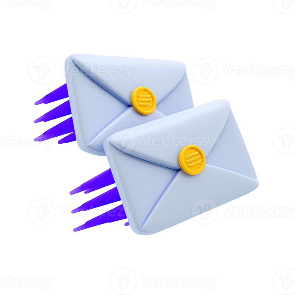 Two envelopes with motion lines indicating sending 3D rendered icon for email dispatch message delivery digital communication or mail correspondence png