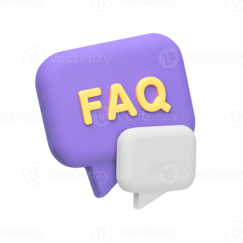 FAQ speech bubble 3D rendered icon for Frequently Asked Questions section help center customer support information or online knowledge base access png