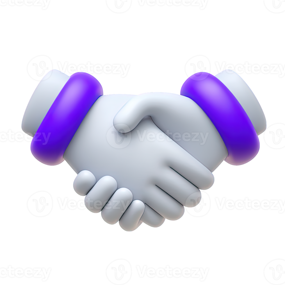 Handshake gesture with purple cuffs 3D rendered icon representing agreement partnership deal making collaboration or formal business greeting png