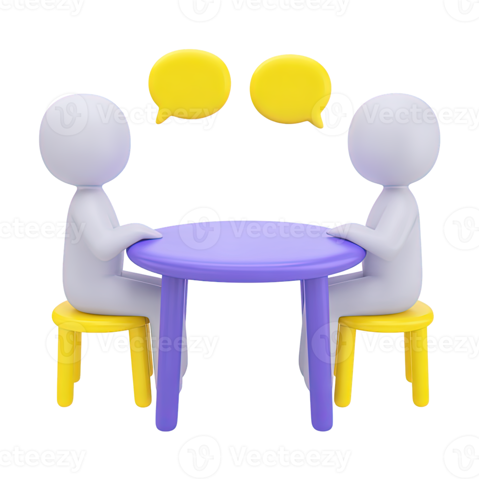Two figures at table with speech bubbles 3D rendered icon for interview consultation Q and A session discussion meeting or communication png