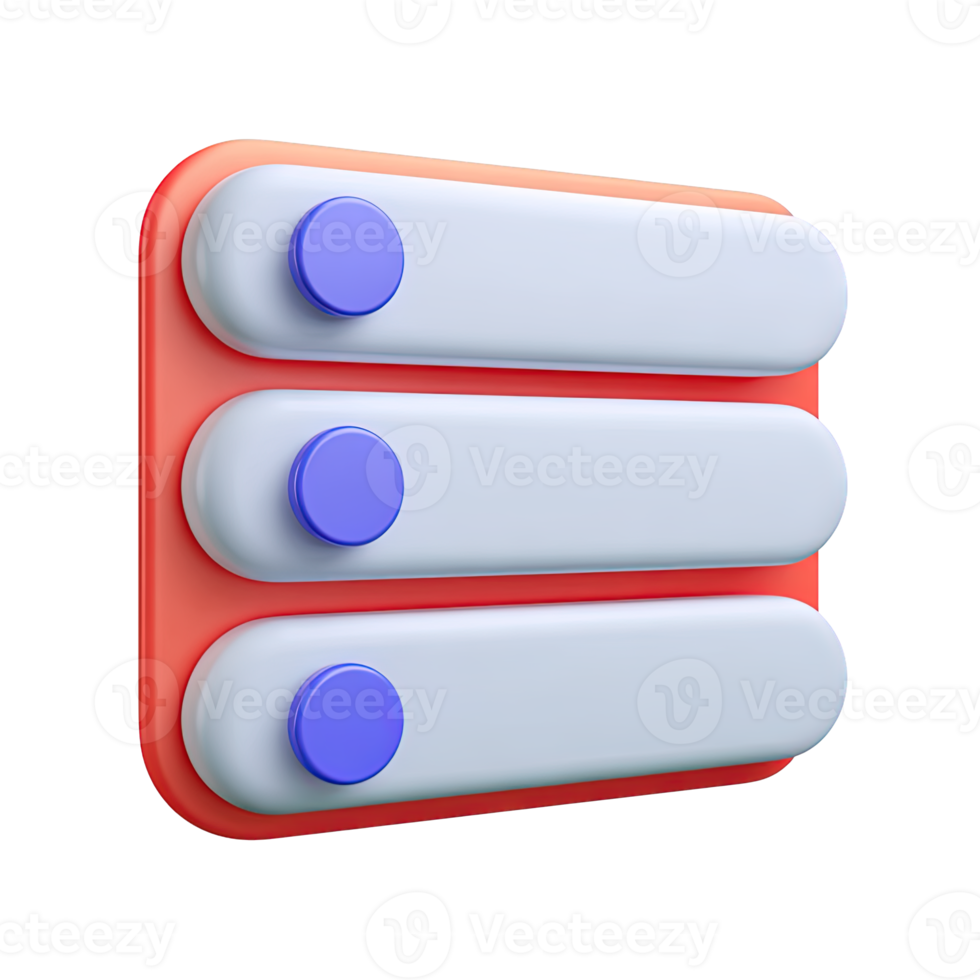 List with three items and toggle switches 3D rendered icon for checklist task management options menu settings selection or feature configuration png
