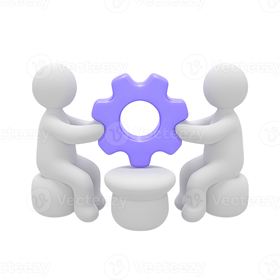 Two figures collaborating on a gear mechanism 3D rendered icon for teamwork problem solving process improvement engineering or building solutions png