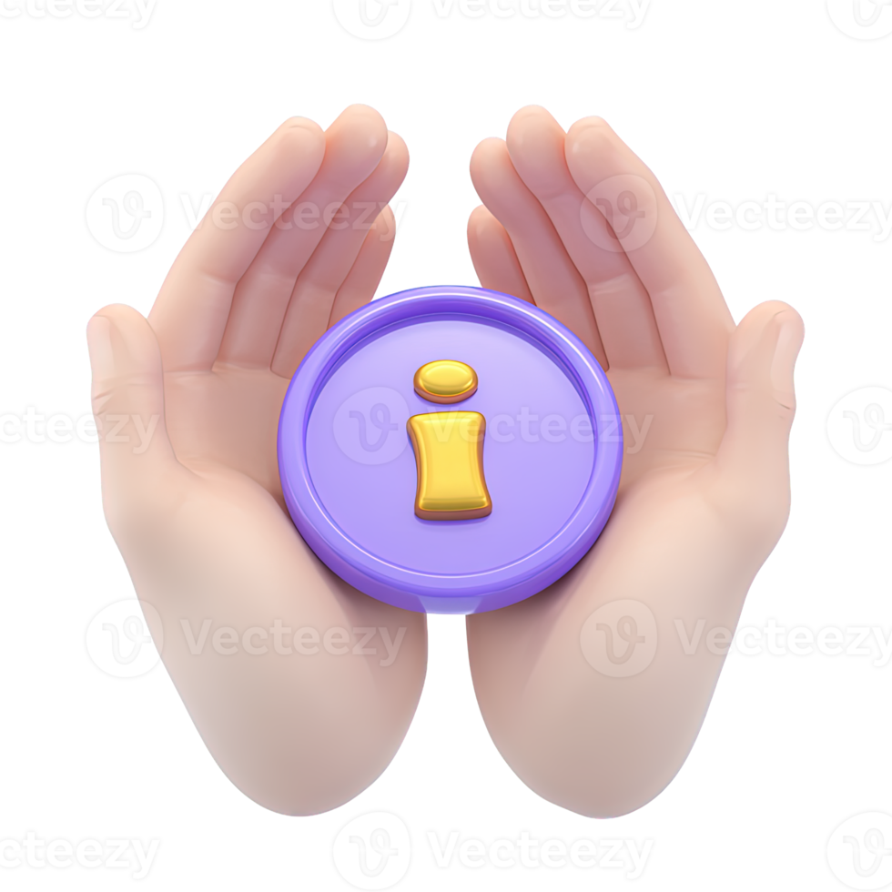 Hands holding information i symbol a 3D rendered icon for providing support offering help customer service or protecting valuable information png
