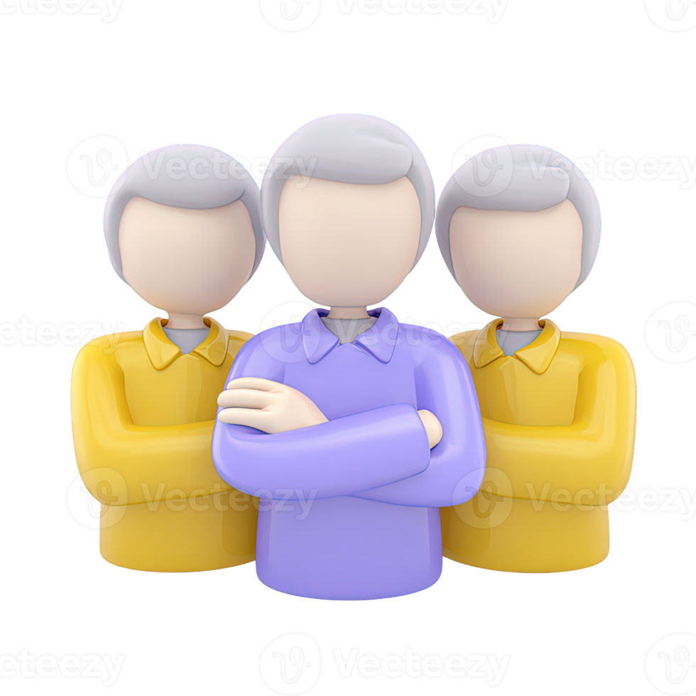 Team of three figures with leader in front a 3D rendered icon representing small business group staff colleagues or team management structure png