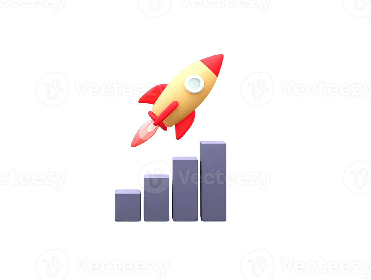 A sleek 3D rendered icon of a red rocket poised above a grey bar graph signifying innovation strategic launch business milestones or technological advancement and future goals for all users png