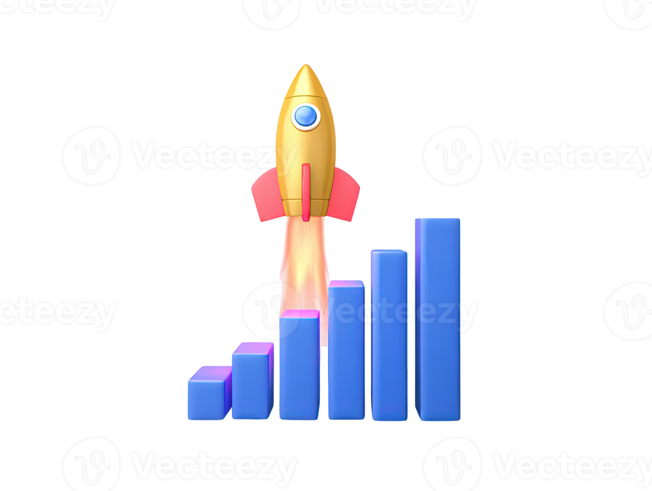 A 3D rendered icon of a red and yellow rocket launching above a rising blue bar graph symbolizing startup growth business success financial improvement or achieving new heights effectively png