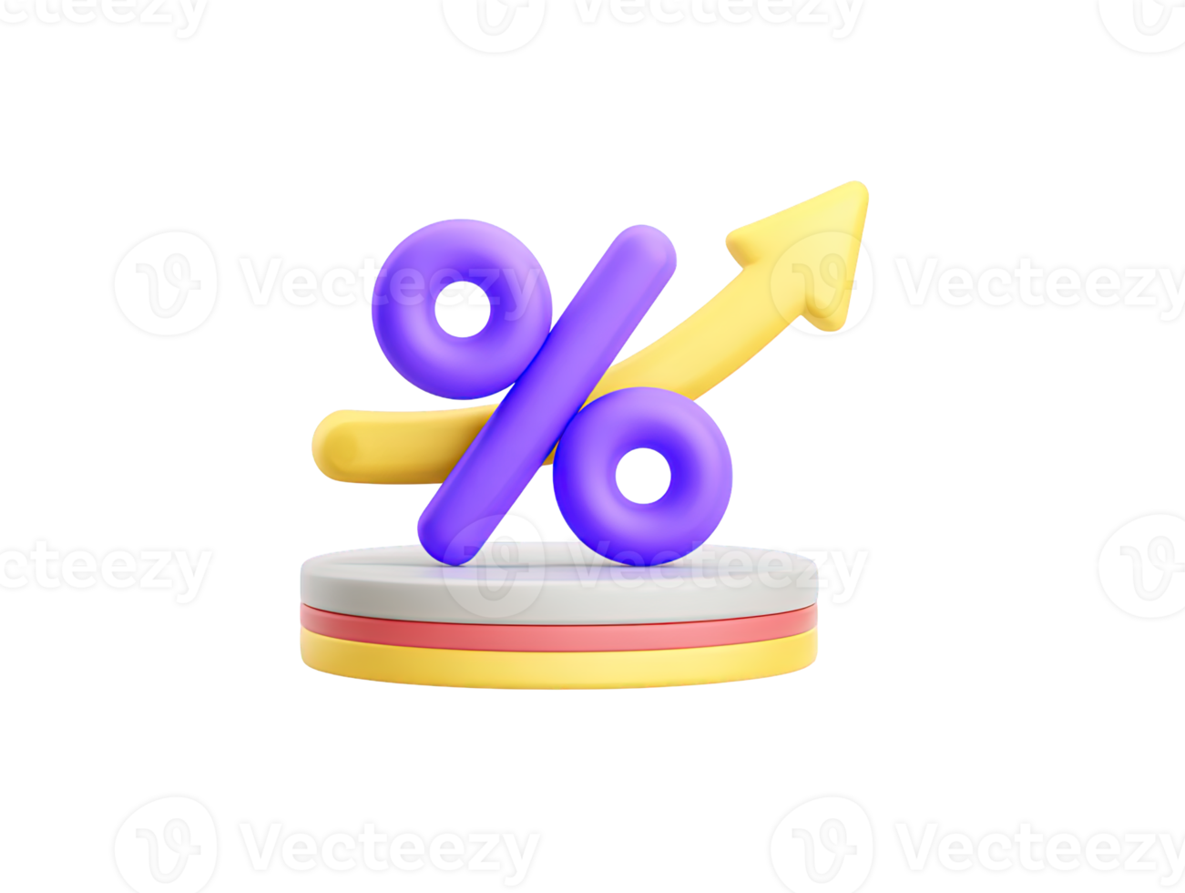 A 3D rendered purple percentage sign on a circular base with a yellow rising arrow graph symbolizing sales promotion financial increase or successful growth metrics for any website now png