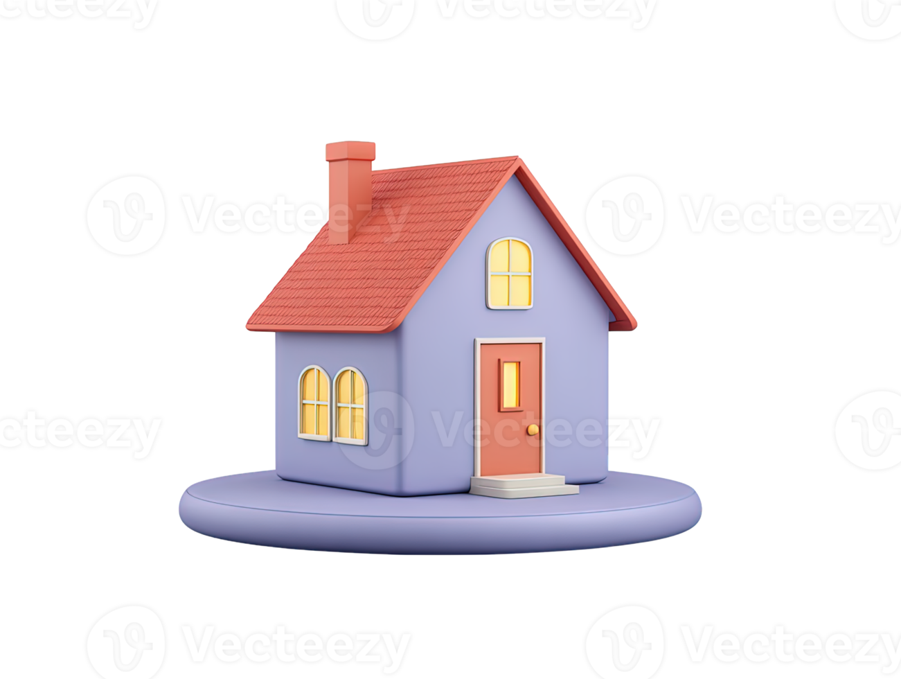 A 3D rendered house icon with a red roof light yellow walls and charming windows presented on a grey circular base perfect for property showcases or home related application UIs today png
