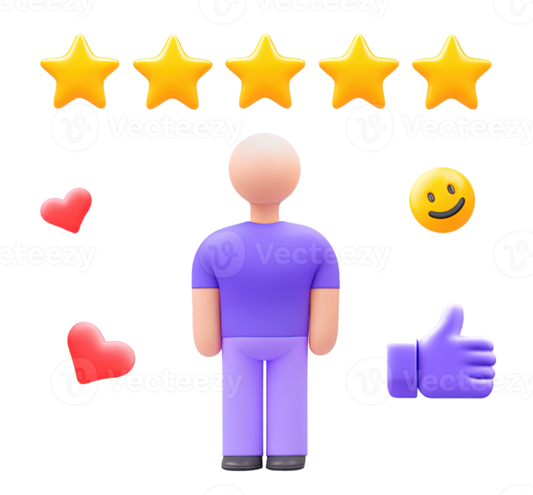 A 3D rendered icon of a purple figure with five yellow stars hearts and a thumbs up representing customer satisfaction positive feedback high rating review or excellent service and appreciation png